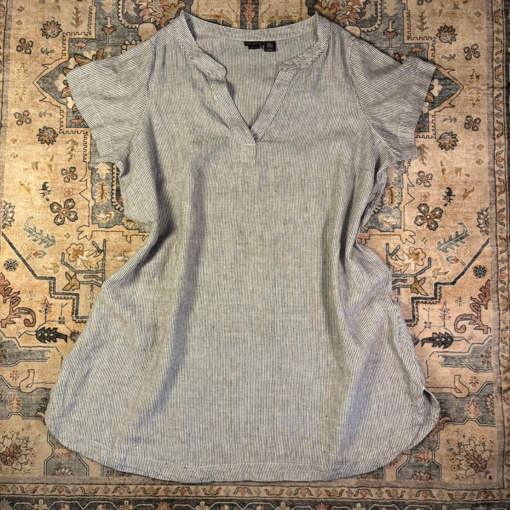 Tahari Womens 2X Blue White Striped 100% Linen Split Neck Tunic Top Cap Sleeve